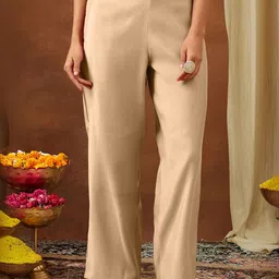 Janasya Women Embroidered Regular Sequinned Chanderi Silk Kurta with Trousers image 2