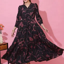 De La Moda Women Printed V-Neck Crepe Tiered Cuffed Sleeves Fit & Flare Midi Dress-picture-26