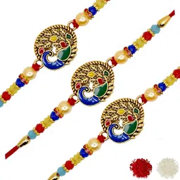 MEIRA JEWELLERY Set Of 3 Opulent Peacock Designer Rakhis With Greeting Card & Roli Chawal-picture-26