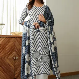 Aaghnya Women White & Blue Floral Printed Viscose Rayon Kurta With Trouser & Dupatta-picture-11