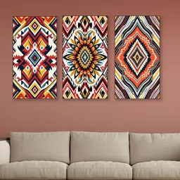 nestroots White & Brown 3 Pieces Vibrant Tribal Pattern Printed Canvas Wall Art-picture-22