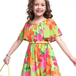 Hola Bonita Girls Floral Printed Flared Sleeves Georgette Fit and Flare Dress image 3