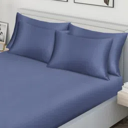 KLOTTHE Blue 300 TC Double Fine Flat Bedsheet & 4 Pillow Covers-98 In x 88 In image 4