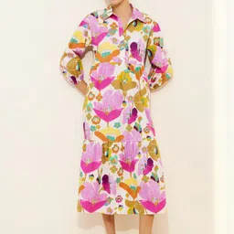 Roadster Women Pink Printed BLENDED Fit and Flare Dresses-image-1