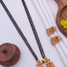 TKRB SALES Gold-Plated Artificial Stones Studded & Beaded Vati Mangalsutra With Earrings-picture-29