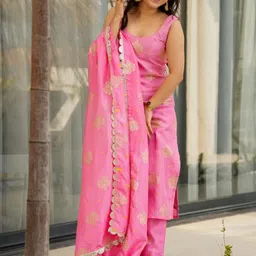 CaniBani Women Ethnic Motifs Regular Gotta Patti Chanderi Silk Kurta with Trousers & With Dupatta-picture-40