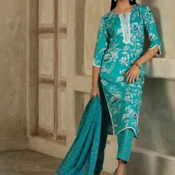 Sangria Floral Printed Pure Cotton Straight Kurta With Trousers & Dupatta image 2