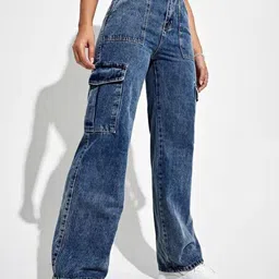 Glossia Nova Women Comfort Wide Leg High-Rise Light Fade Acid Wash Stretchable Cargo Jeans-image-58
