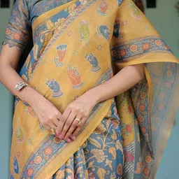 MAHARANI COUTURE Floral Pure Cotton Fusion Jamdani Saree With Blouse Piece image 2