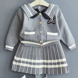 Little Surprise Box LLP Girls Woven Design V-Neck Sweatshirt With Skirt-image-70