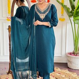 Anouk Floral Embroidered V-Neck Straight Kurta With Trousers And Dupatta-picture-30