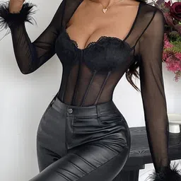 StyleCast Women Self Design Sweetheart Neck Long Sleeve Sheer Bodysuit With Feather Trim image 4