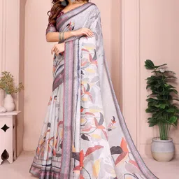 Mitera Floral Zari Linen Blend Saree image 4
