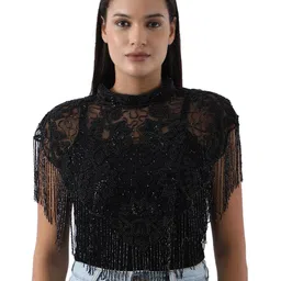 JEDCO Embroidered Self Design Round Neck Short Sleeves Waterfall Shrug-image-4