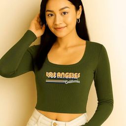 trendy era Olive Ribbed Scoop Neck Crop Top with Typography-picture-23