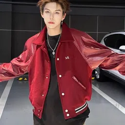 KPOP Men Brand Logo Colourblocked Varsity Jacket with Embroidered image 2