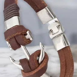 jewelgenics Brown Pirate Anchor Sterling Silver Leather Bracelet For Men-picture-31