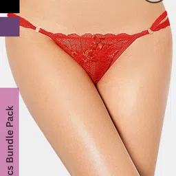 MYZA Women Pack Of 3 Microfiber Lace Mid-Rise Thongs-image-12