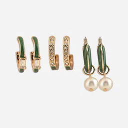ToniQ Set Of 3 Gold Plated Artificial Stones Studded Contemporary Half Hoop Earrings image 4