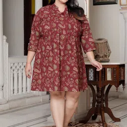 Swasti Women Maroon Floral Printed Mandarin Collar Cotton A-Line Dress-image-32