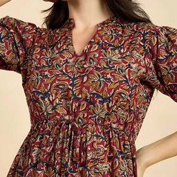 Krunal Raiyani Floral Printed Gathered or Pleated Mandarin Collar A-Line Midi Dress image 3