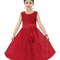 CHANDRIKA Girls Maroon Bow Belt Detail Embellished Full Length Dress-picture-25