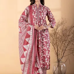 Readiprint Geometric Printed Thread Work Mandarin Collar Kurta & Trouser With Dupatta-picture-40