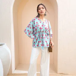 Shae by SASSAFRAS Floral Printed V-Neck Pure Cotton Pleated Kaftan Kurti image 3