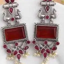 Anouk Silver-Plated Artificial Stones Studded & Beads Beaded Square Oxidised Jhumkas-picture-12