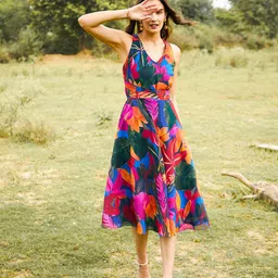 MABISH by Sonal Jain Floral Print V-neck Georgette Fit & Flare Dress-picture-34