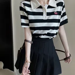KPOP Women Striped Polo Collar T-shirt-picture-35