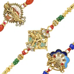 MEIRA JEWELLERY Set Of 3 Radhe Krishna Charm Rakhis With Greeting Card & Roli Chawal image 3