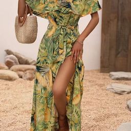 Mast & Harbour Tropical Printed Off-Shoulder Fit & Flare Maxi Dress-picture-31