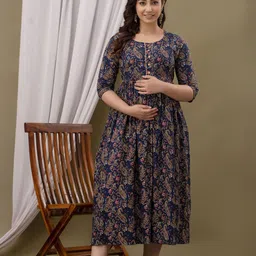 CORSICA Women Paisley Printed Cotton Maternity Fit and Flare Midi Dress-image-4