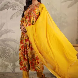 KALINI Women Floral Printed Empire Thread Work Chanderi Silk Kurta with Trousers & With Dupatta image 4