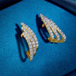 GIVA Women 14KT Gold Divine Feathers J Hoop Lab Grown Diamond Earrings-picture-3