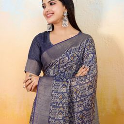 Ethnielle Geometric Printed Woven Design Tissue Ikat Saree-picture-2