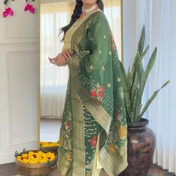 LIVIX Women Ethnic Motifs Embroidered Regular Thread Work Chanderi Silk Kurta with Trousers & With Dupatta image 4