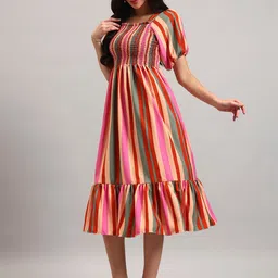 Raiyani Fashion Striped Puff Sleeve Crepe Fit & Flare Midi Dress-picture-30