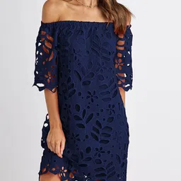 KPOP Women Embroidered Schiffli Off-Shoulder Shift Dress-image-25
