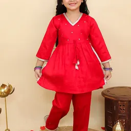 Aj DEZInES Girls Geometric Yoke Design Mirror Work Pure Cotton Kurti With Trouser-picture-49