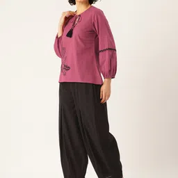 MISRI Floral Embroidered Tie-Up Neck Pure Cotton Co-Ords image 3