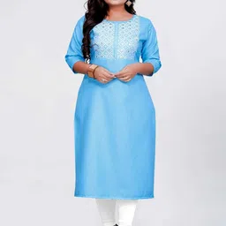 KURTI ZONE Women Embrodery Cotton Blue Kurti-image-81