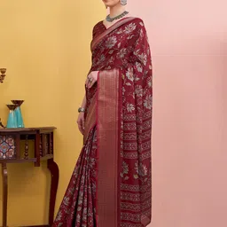 Mitera Floral Printed Zari Kanjeevaram Saree with Blouse Piece image 4