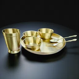 grehshobha Pack of 7 Brass Lead-Free Brass 11" Thali Set (7 Pieces) | Premium Dinnerware | Matte Finish Dinner Set-picture-30