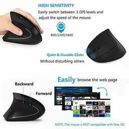 microware Ergonomic Mouse, Wireless Mouse 2.4ghz Optical Vertical Wireless Mice : Left Handed Mouse, Wireless 2.4G USB Left Hand Ergonomic Vertical Mouse, Less Noise - Black Wireless Ambidextrous OpticalGaming Mousewith Bluetooth image 2