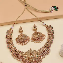 Sukkhi Gold-Plated Artificial Stones Studded & Beaded Choker Necklace And Earrings-image-43