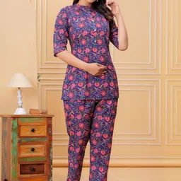 FEMARY Printed Pure Cotton Mandarin Neck Three Fourth Sleeve Top With Trousers Co-Ords image 2