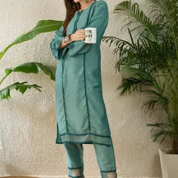 Indo Era Women Ethnic Motifs Embroidered Regular Thread Work Kurta with Trousers-picture-39