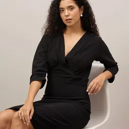 DRAAX Fashions Women Solid V-Neck Sheath Knee Length Dress-image-74